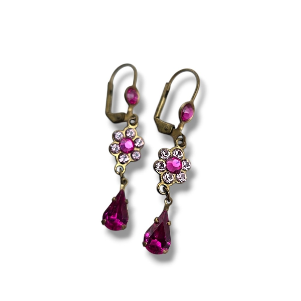 Vintage Michal Negrin Style Brass Pink Crystal Flower Teardrop Dangle Earrings